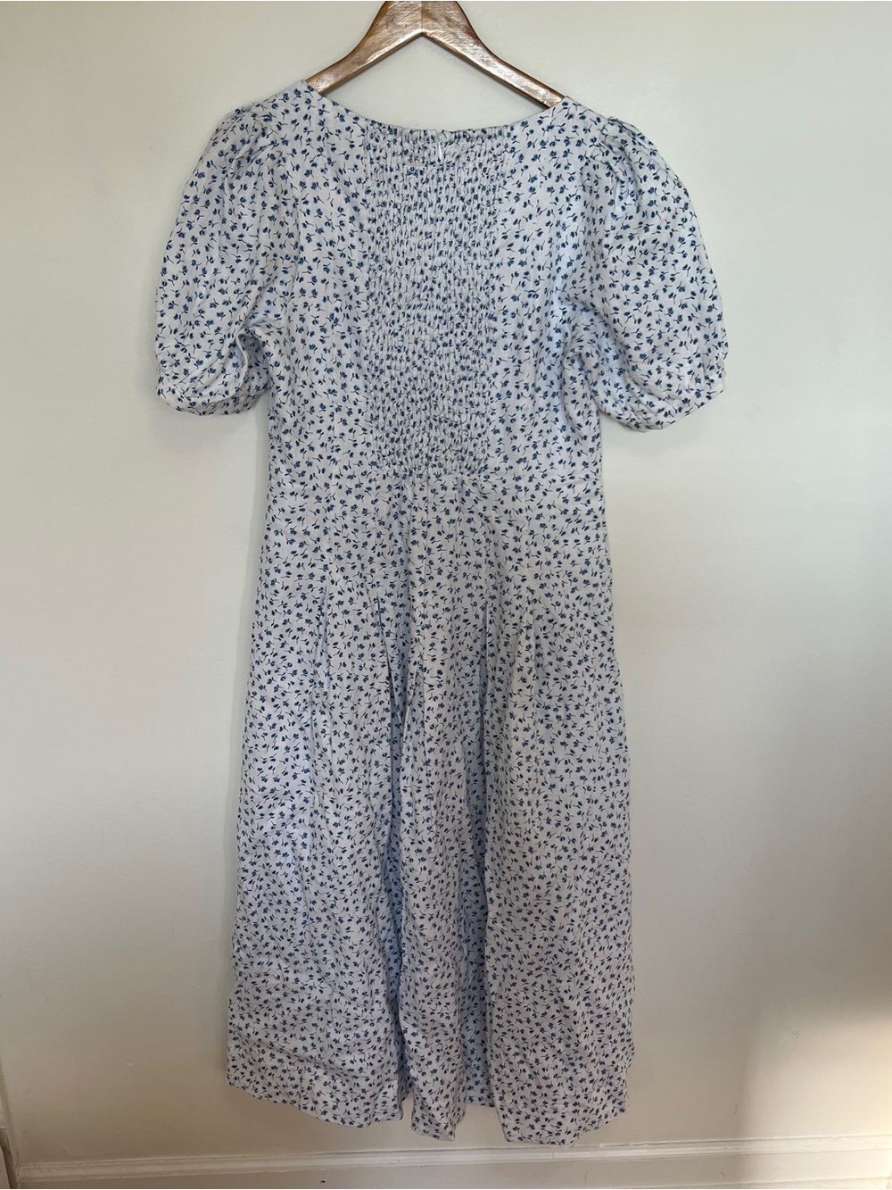 Reformation Coucou Linen Dress in Hanna Midi Puff Sleeve White Blue Floral 10 - Picture 8 of 8